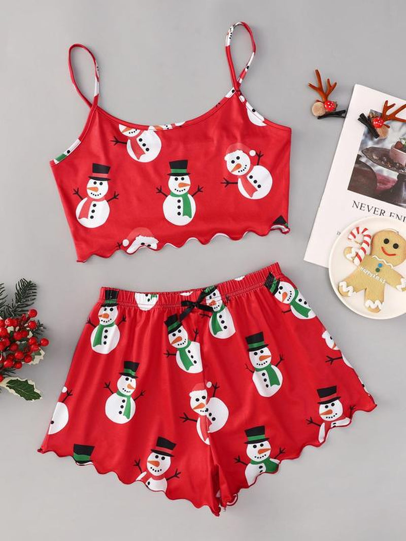 Two-Piece Set Women'S Christmas Cartoon Graphic Bow Pajamas Set, Comfort Scallop Trim Camisole & Elastic Waist Pants Loungewear Set for Fall, Christmas Pajamas, Comfort Homewear for Lady Birthday Gifts