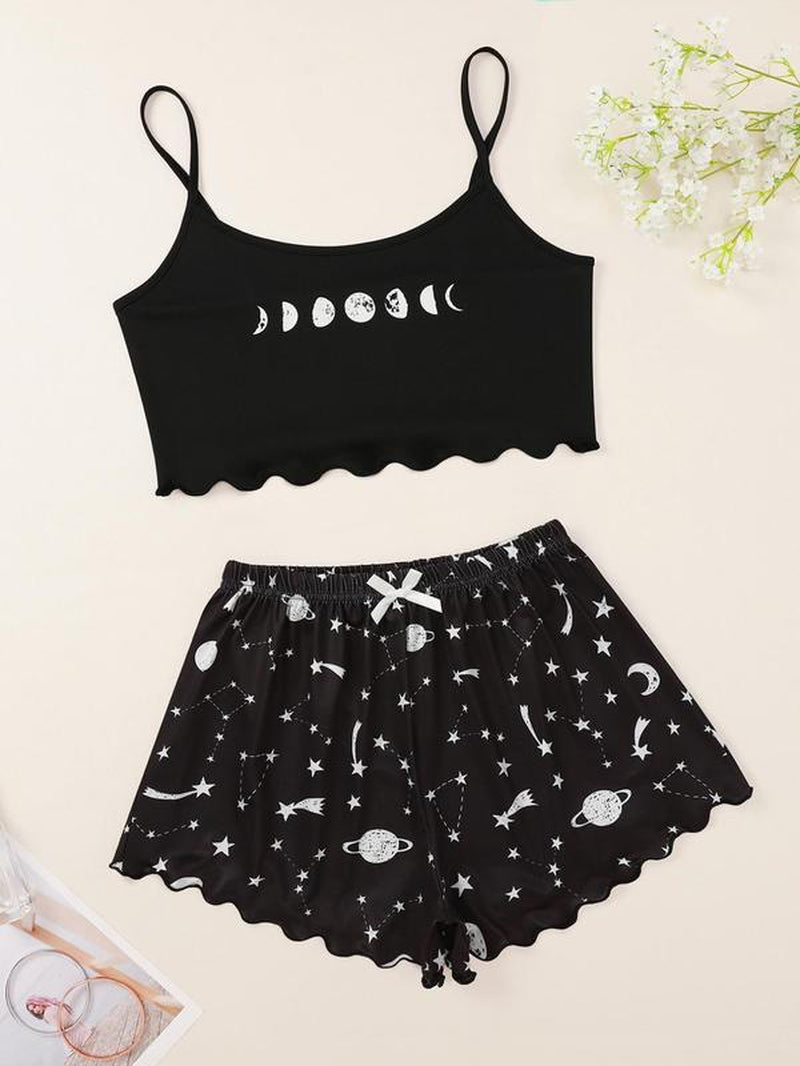 Two-Piece Set Women'S Christmas Cartoon Graphic Bow Pajamas Set, Comfort Scallop Trim Camisole & Elastic Waist Pants Loungewear Set for Fall, Christmas Pajamas, Comfort Homewear for Lady Birthday Gifts