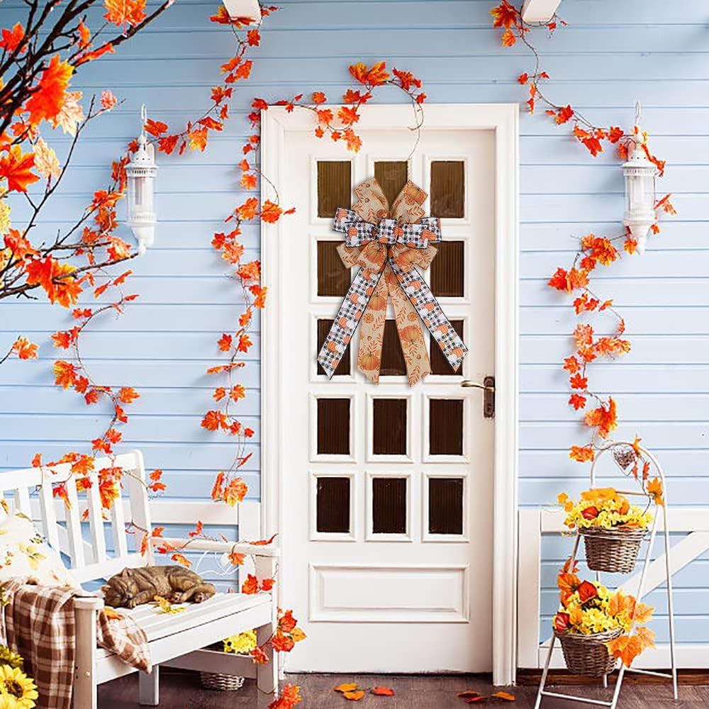 Charming Large White Black Buffalo Plaid Fall Pumpkin Bow - Ideal for Wreaths & Seasonal Decor for Thanksgiving Parties - Versatile Indoor/Outdoor Use