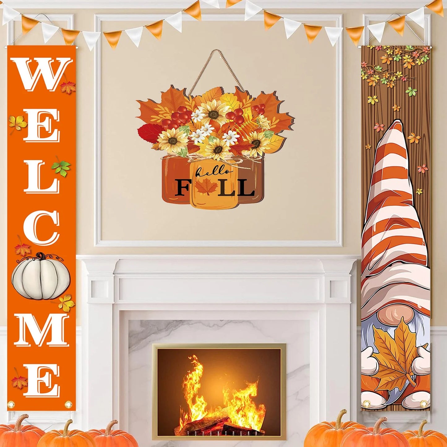 Autumn Elegance: Wooden Fall Wreath for Door, Thanksgiving & Halloween Decor with Maple Leaves & Sunflowers