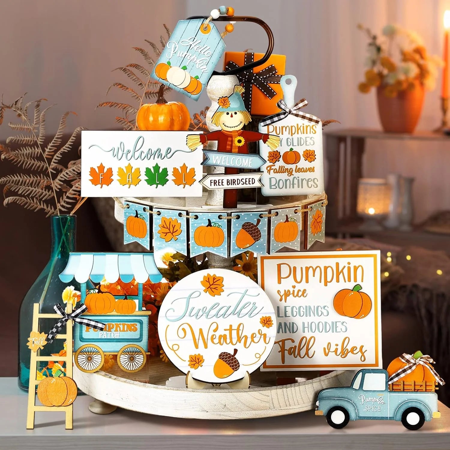 Charming Fall Tiered Tray Decor - Thanksgiving Pumpkin & Truck Wooden Table Decorations for Autumn Harvest Home Festivities