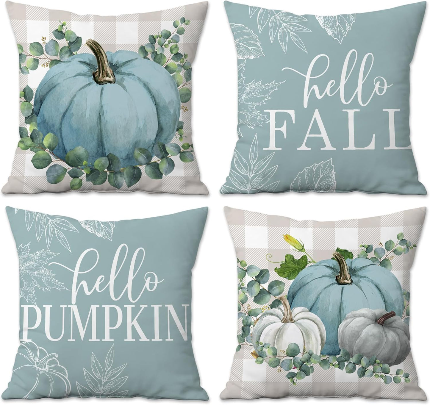 Cozy Autumn Vibes: Set of 4 Blue Pumpkin 18x18 Pillow Covers for Stylish Indoor & Outdoor Decor