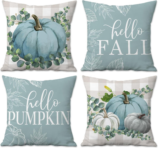 Cozy Autumn Vibes: Set of 4 Blue Pumpkin 18x18 Pillow Covers for Stylish Indoor & Outdoor Decor
