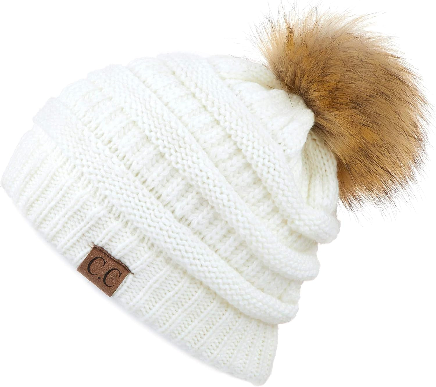 Chic Chunky Cable Knit Beanie with Luxurious Fur Pom - Your Winter & Fall Essential!