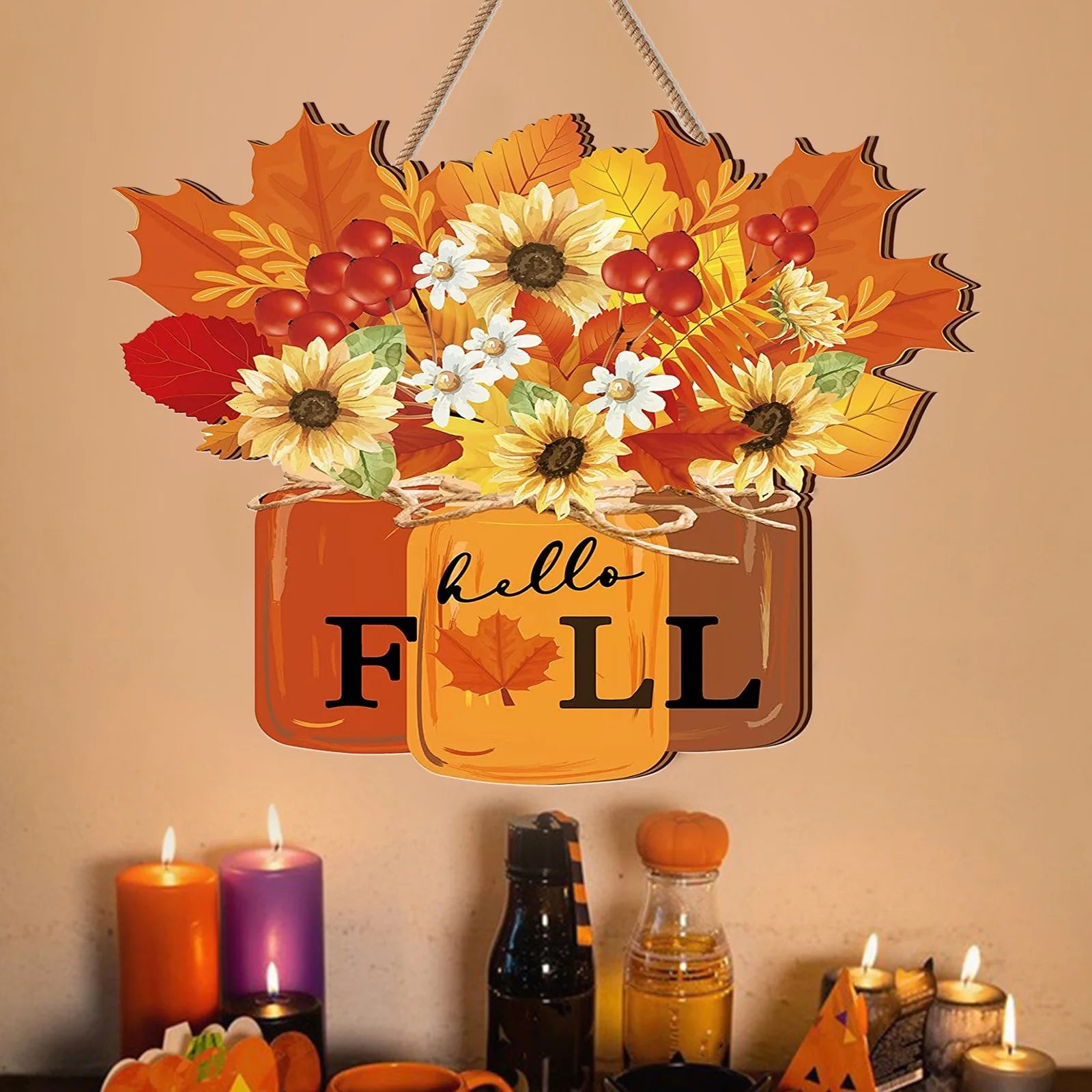 Autumn Elegance: Wooden Fall Wreath for Door, Thanksgiving & Halloween Decor with Maple Leaves & Sunflowers