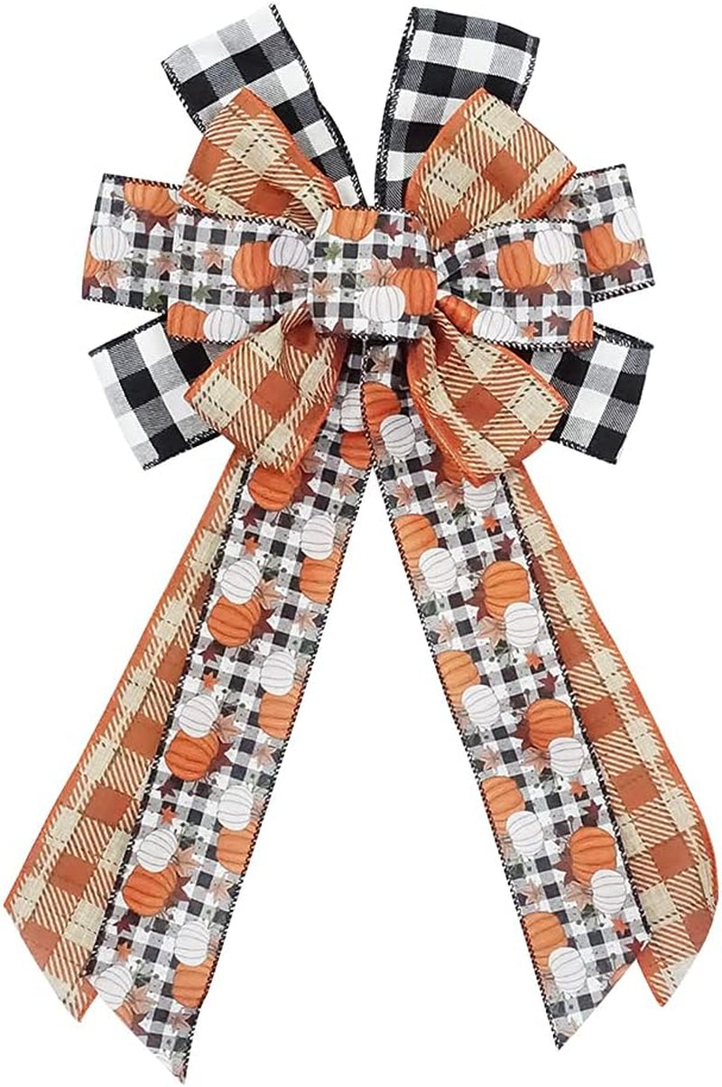 Charming Large White Black Buffalo Plaid Fall Pumpkin Bow - Ideal for Wreaths & Seasonal Decor for Thanksgiving Parties - Versatile Indoor/Outdoor Use
