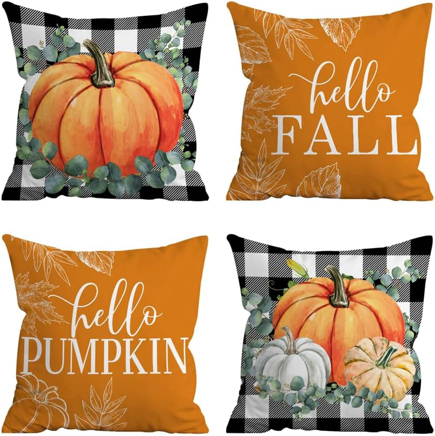 Cozy Autumn Vibes: Set of 4 Blue Pumpkin 18x18 Pillow Covers for Stylish Indoor & Outdoor Decor