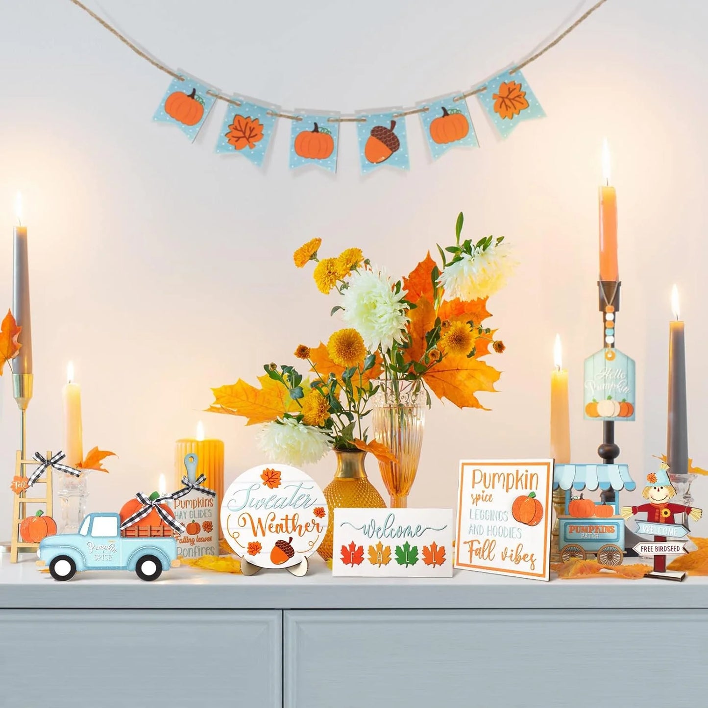 Charming Fall Tiered Tray Decor - Thanksgiving Pumpkin & Truck Wooden Table Decorations for Autumn Harvest Home Festivities
