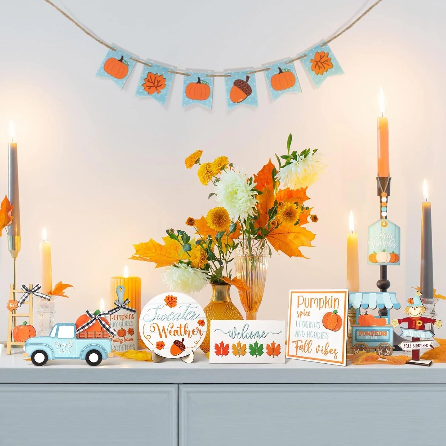 Charming Fall Tiered Tray Decor - Thanksgiving Pumpkin & Truck Wooden Table Decorations for Autumn Harvest Home Festivities