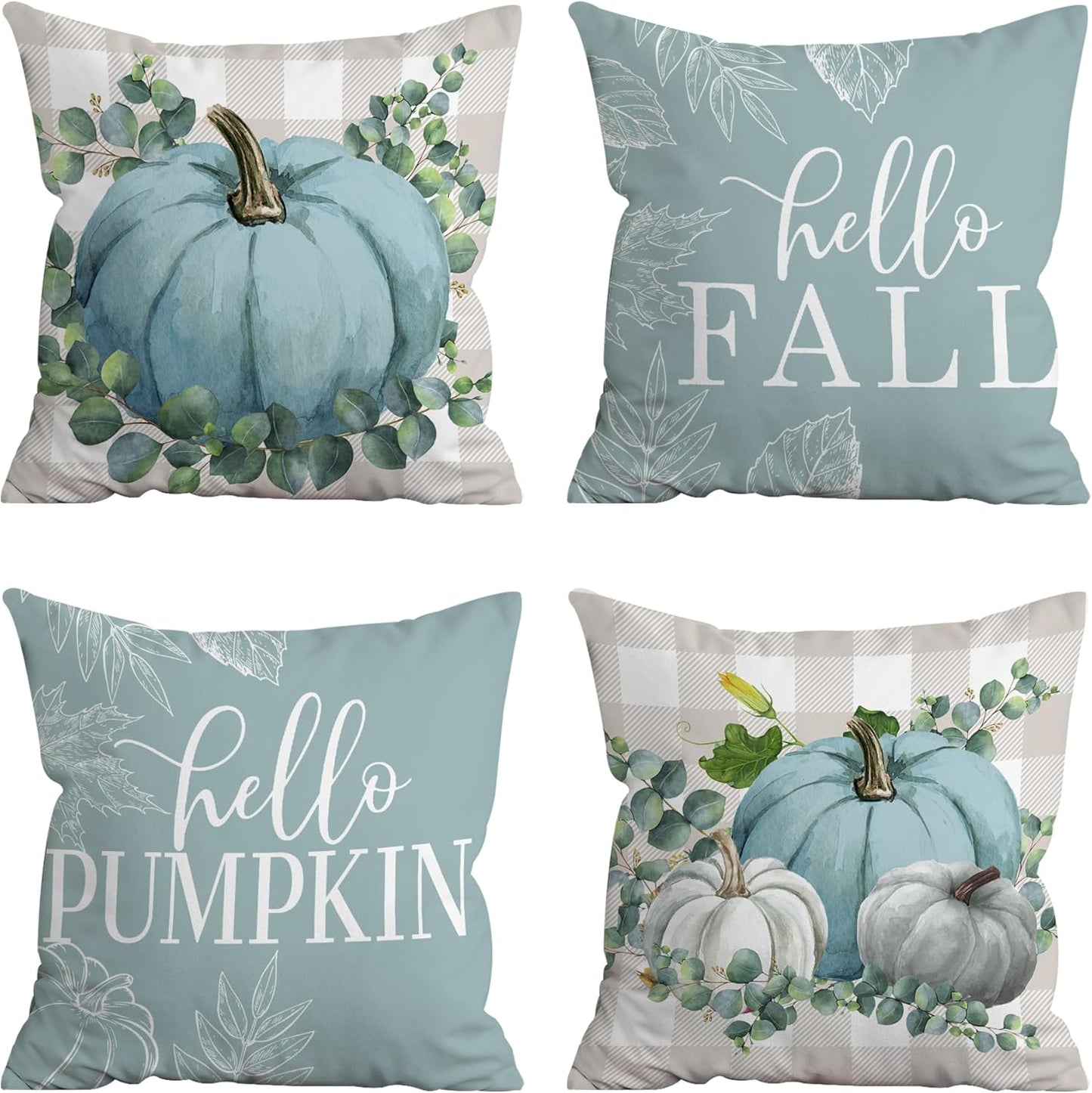 Cozy Autumn Vibes: Set of 4 Blue Pumpkin 18x18 Pillow Covers for Stylish Indoor & Outdoor Decor