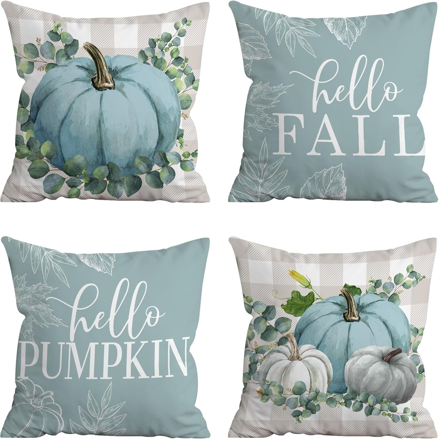 Cozy Autumn Vibes: Set of 4 Blue Pumpkin 18x18 Pillow Covers for Stylish Indoor & Outdoor Decor