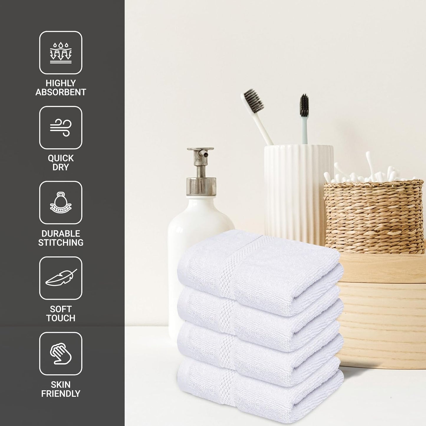 Luxury 100% Cotton Wash Cloths - Soft & Absorbent Face Towels for Bathroom, Gym, and Spa | Pack of 4 (Brilliant White)