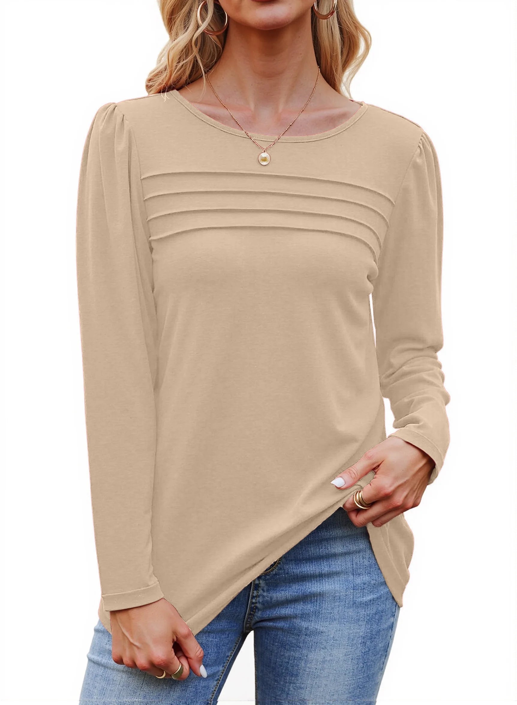 Chic Fall Long Sleeve Tunic Tops for Women - Dressy Casual Pleated Blouses
