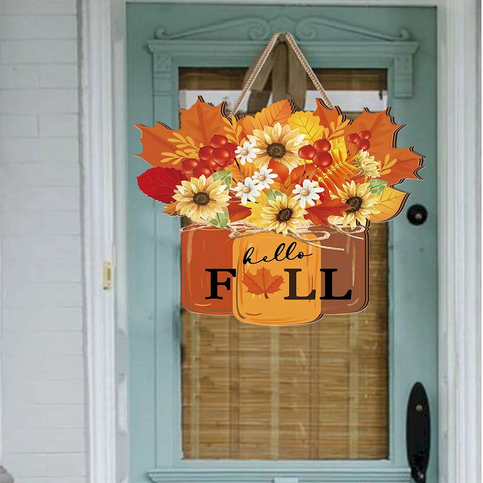 Autumn Elegance: Wooden Fall Wreath for Door, Thanksgiving & Halloween Decor with Maple Leaves & Sunflowers