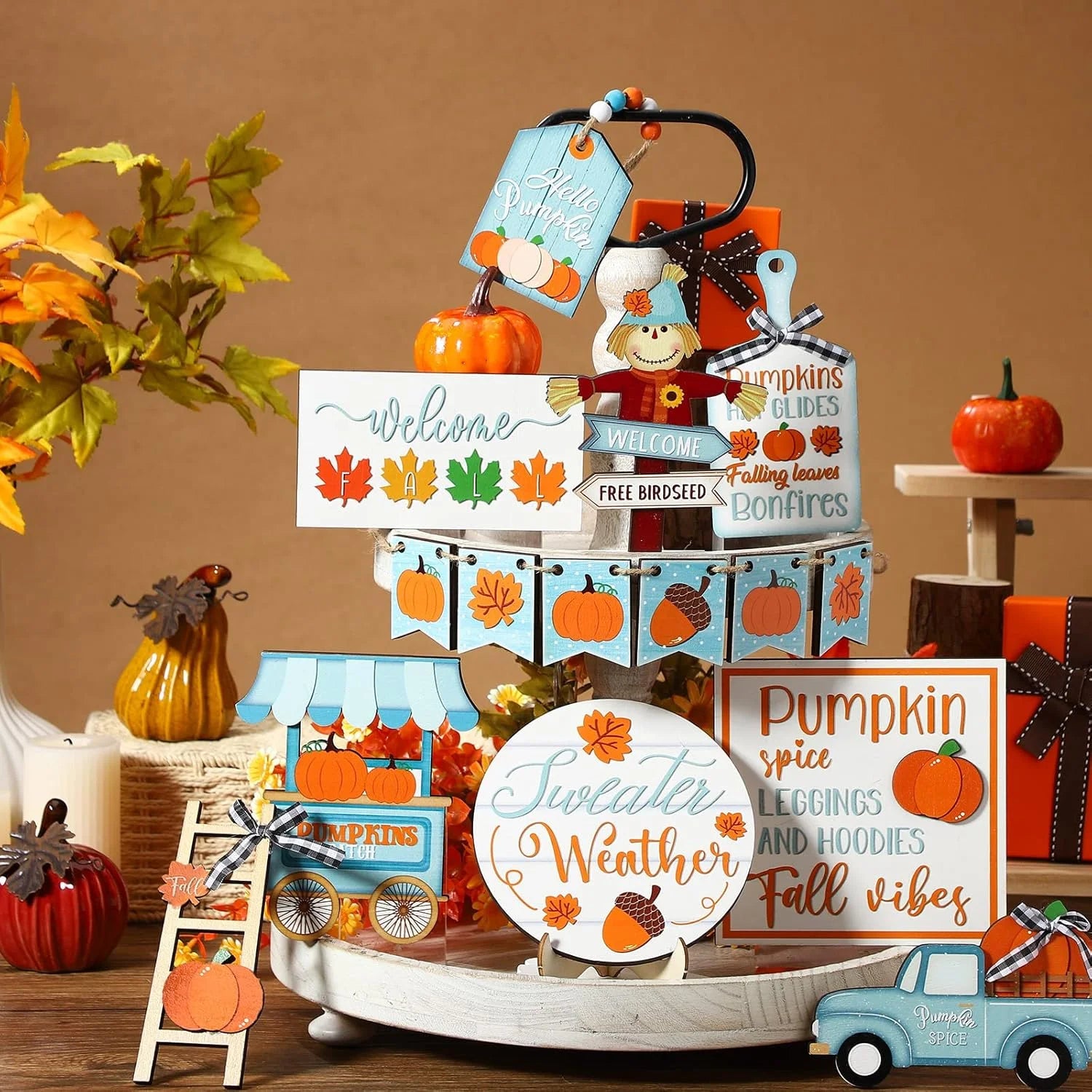 Charming Fall Tiered Tray Decor - Thanksgiving Pumpkin & Truck Wooden Table Decorations for Autumn Harvest Home Festivities