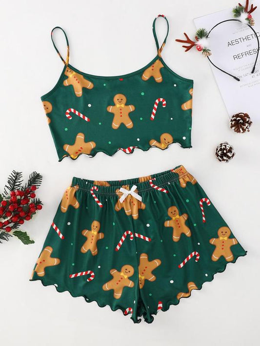 Two-Piece Set Women'S Christmas Cartoon Graphic Bow Pajamas Set, Comfort Scallop Trim Camisole & Elastic Waist Pants Loungewear Set for Fall, Christmas Pajamas, Comfort Homewear for Lady Birthday Gifts