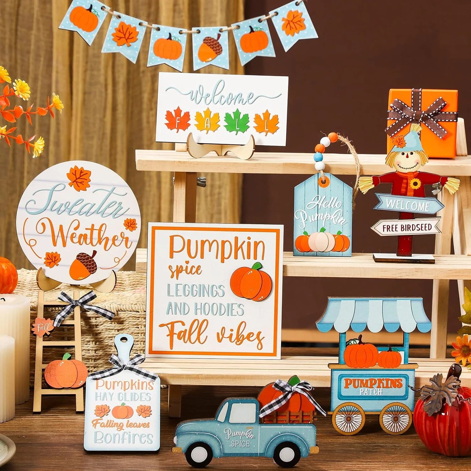 Charming Fall Tiered Tray Decor - Thanksgiving Pumpkin & Truck Wooden Table Decorations for Autumn Harvest Home Festivities