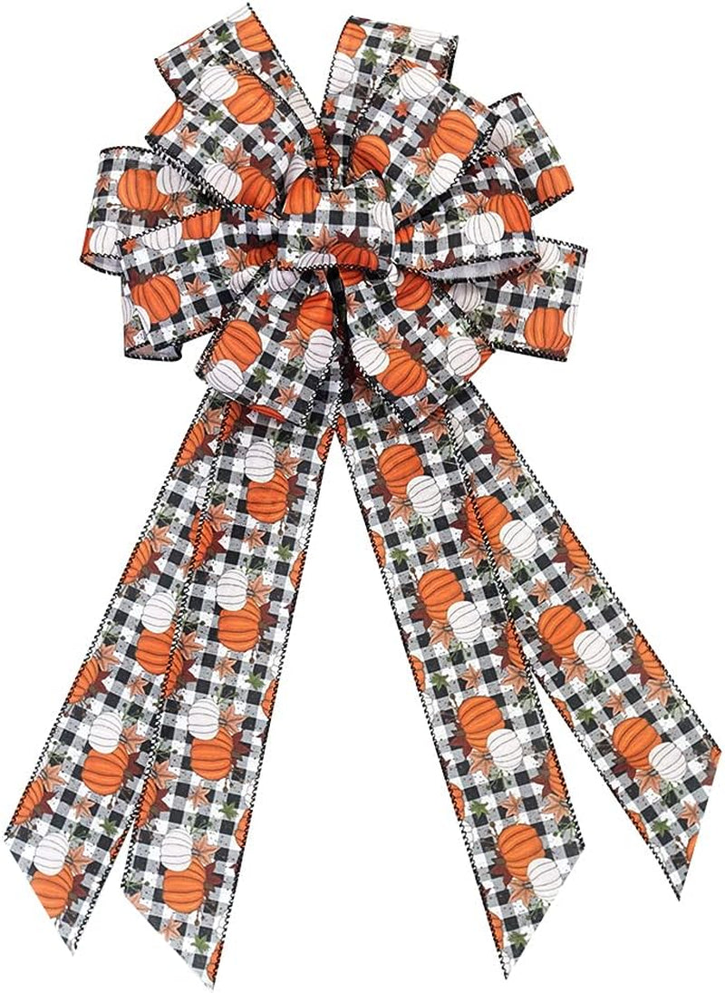Charming Large White Black Buffalo Plaid Fall Pumpkin Bow - Ideal for Wreaths & Seasonal Decor for Thanksgiving Parties - Versatile Indoor/Outdoor Use