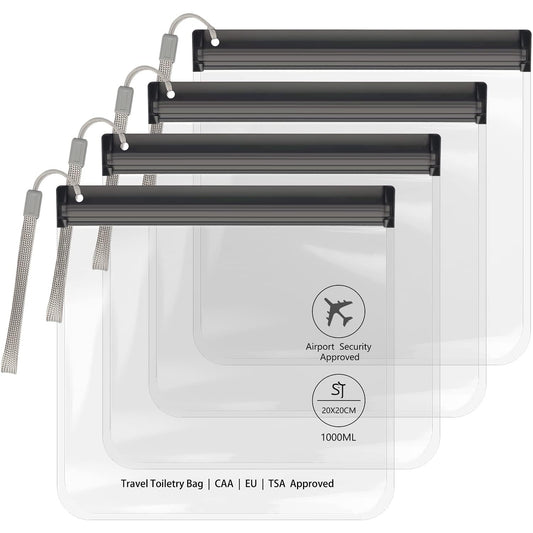 4-Pack TSA Approved Clear Toiletry Bags - Waterproof & Leakproof Quart Size for Travel Compliance in EU, UK & US