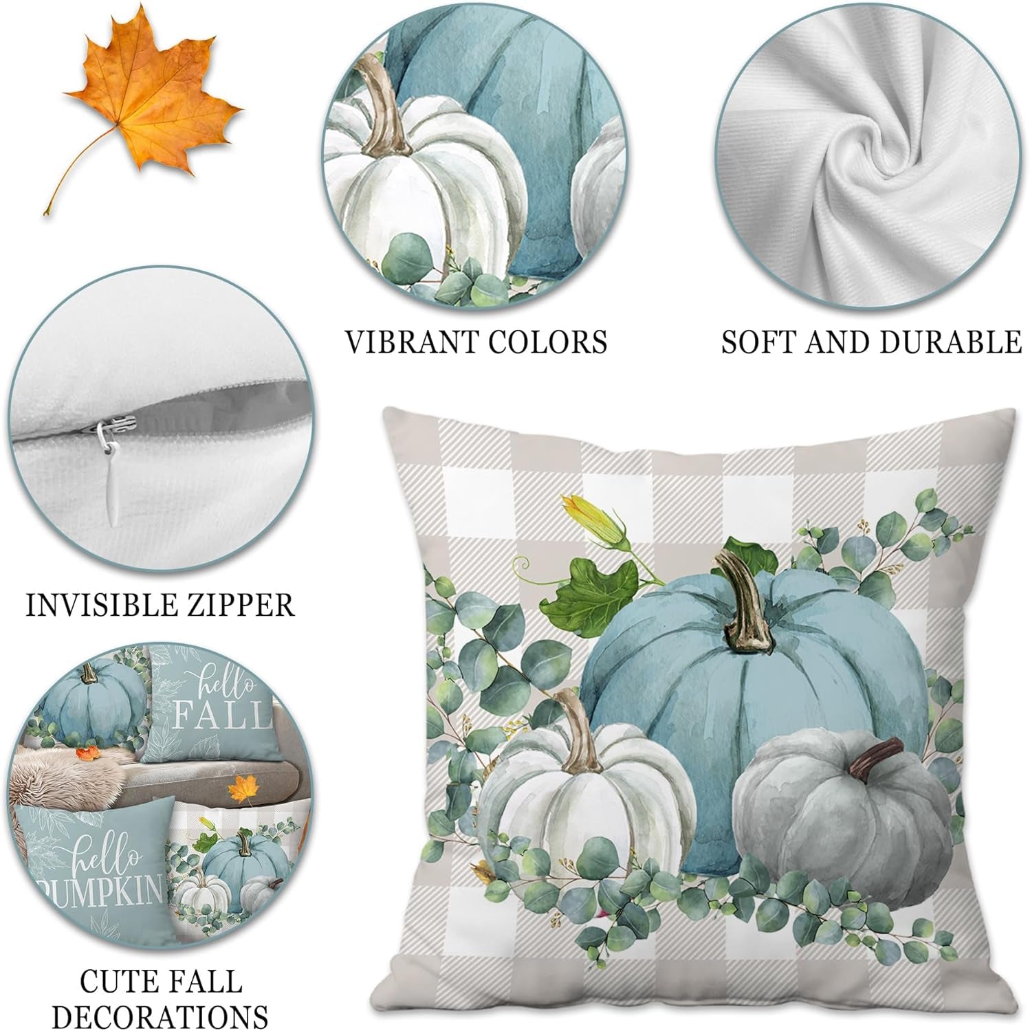 Cozy Autumn Vibes: Set of 4 Blue Pumpkin 18x18 Pillow Covers for Stylish Indoor & Outdoor Decor