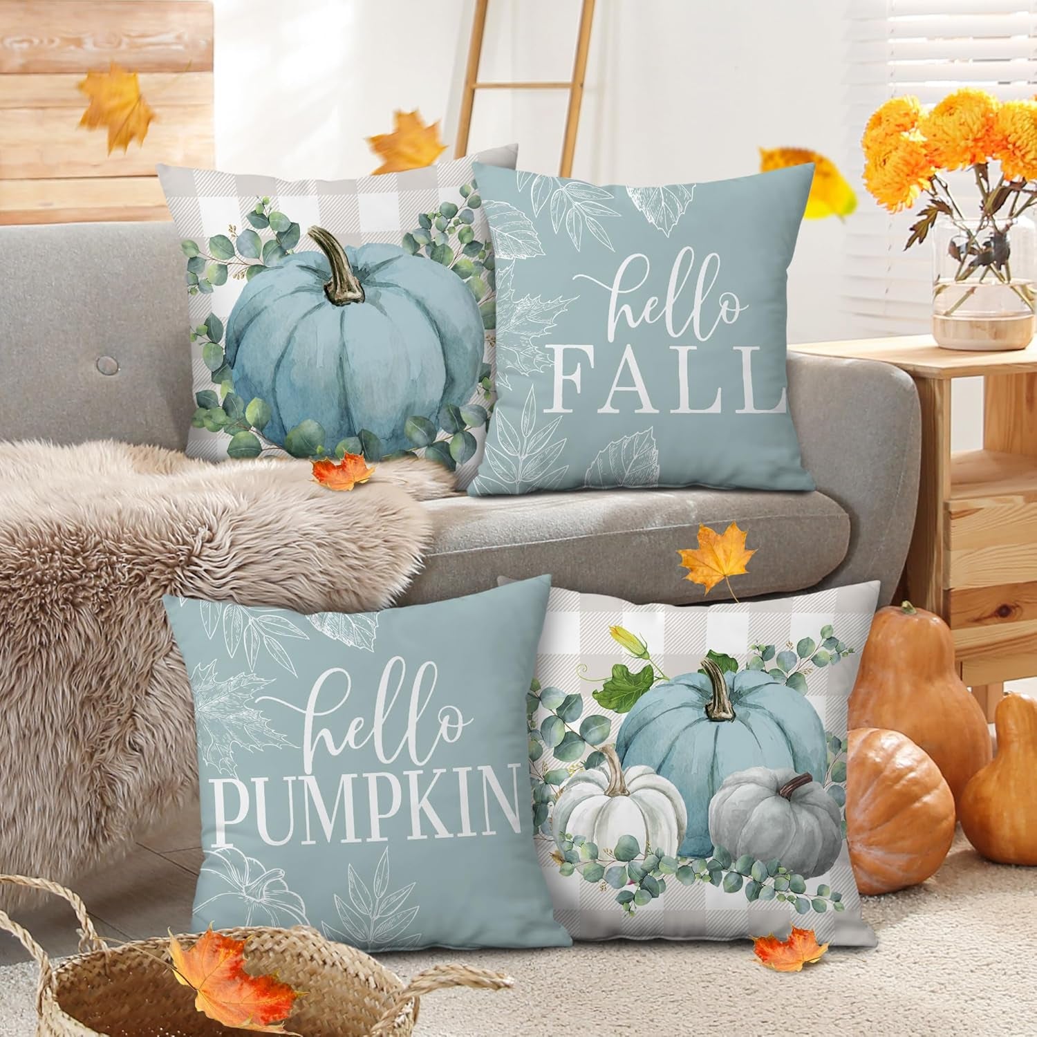 Cozy Autumn Vibes: Set of 4 Blue Pumpkin 18x18 Pillow Covers for Stylish Indoor & Outdoor Decor