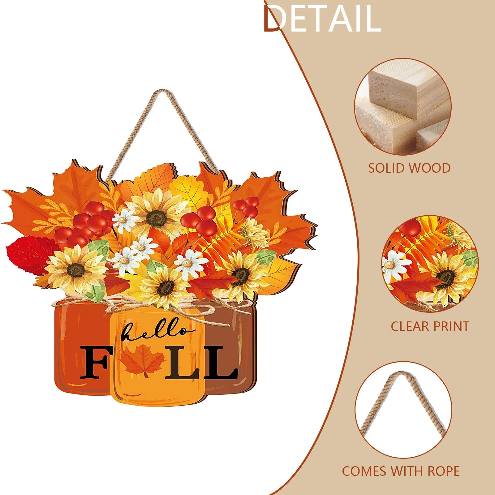 Autumn Elegance: Wooden Fall Wreath for Door, Thanksgiving & Halloween Decor with Maple Leaves & Sunflowers