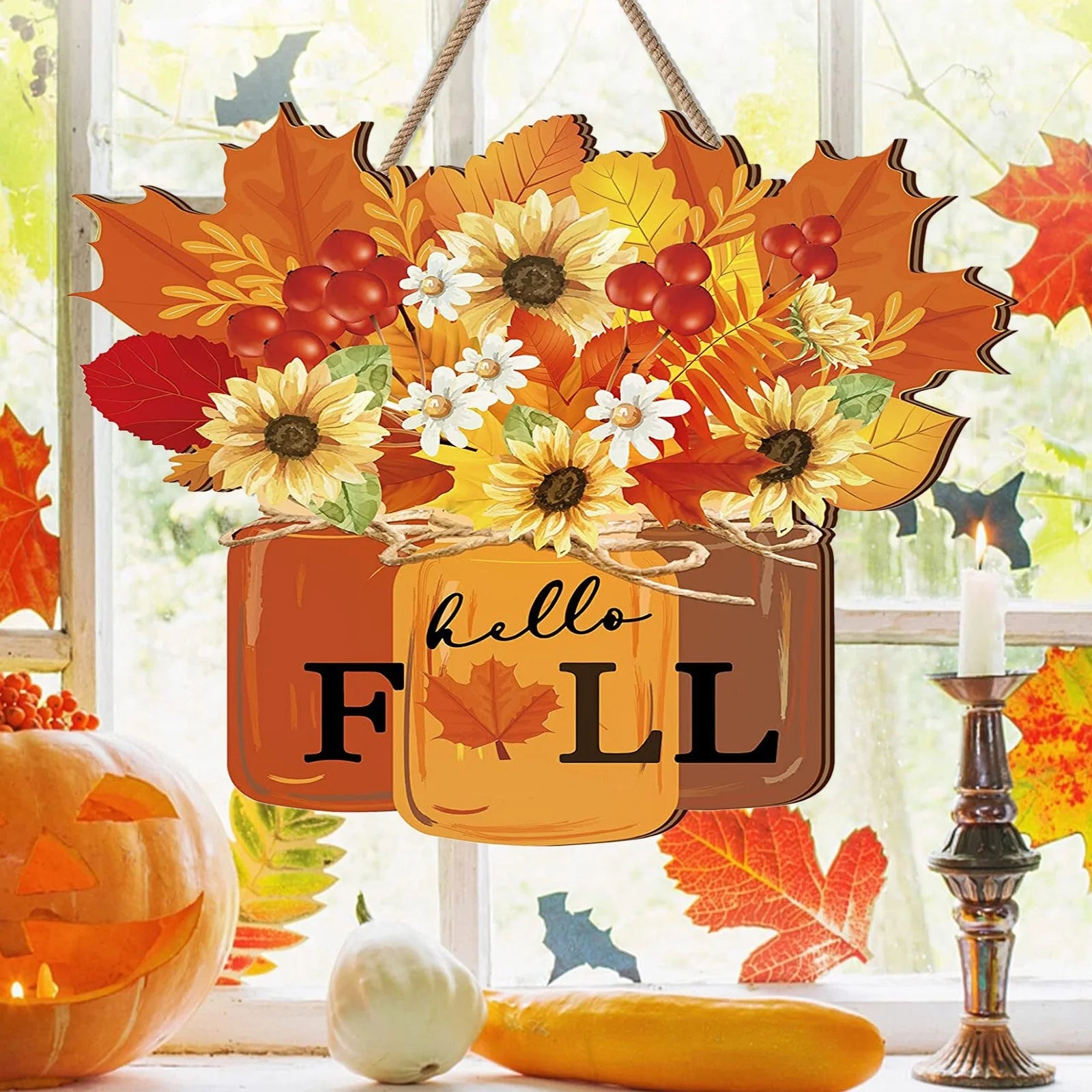 Autumn Elegance: Wooden Fall Wreath for Door, Thanksgiving & Halloween Decor with Maple Leaves & Sunflowers