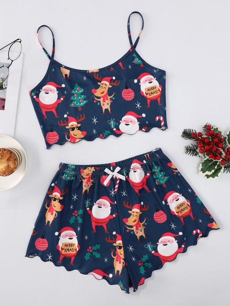 Two-Piece Set Women'S Christmas Cartoon Graphic Bow Pajamas Set, Comfort Scallop Trim Camisole & Elastic Waist Pants Loungewear Set for Fall, Christmas Pajamas, Comfort Homewear for Lady Birthday Gifts
