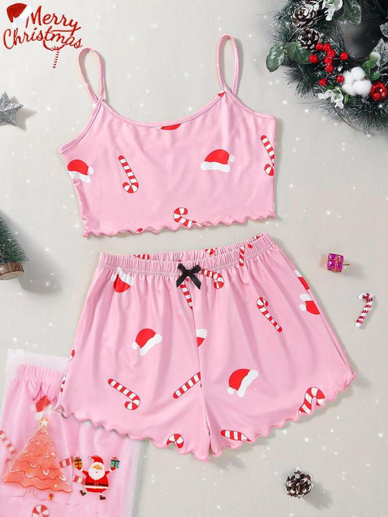Two-Piece Set Women'S Christmas Cartoon Graphic Bow Pajamas Set, Comfort Scallop Trim Camisole & Elastic Waist Pants Loungewear Set for Fall, Christmas Pajamas, Comfort Homewear for Lady Birthday Gifts