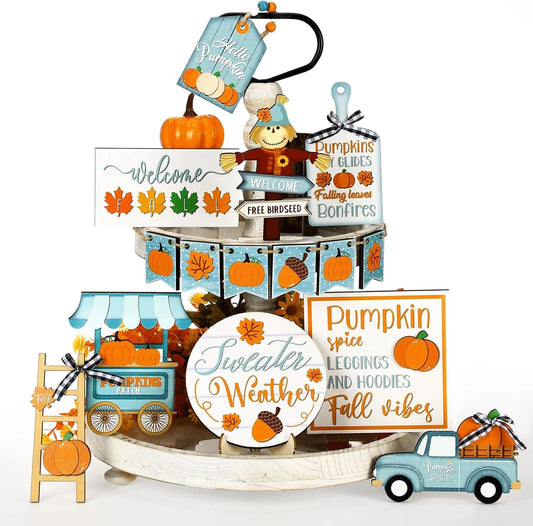 Charming Fall Tiered Tray Decor - Thanksgiving Pumpkin & Truck Wooden Table Decorations for Autumn Harvest Home Festivities