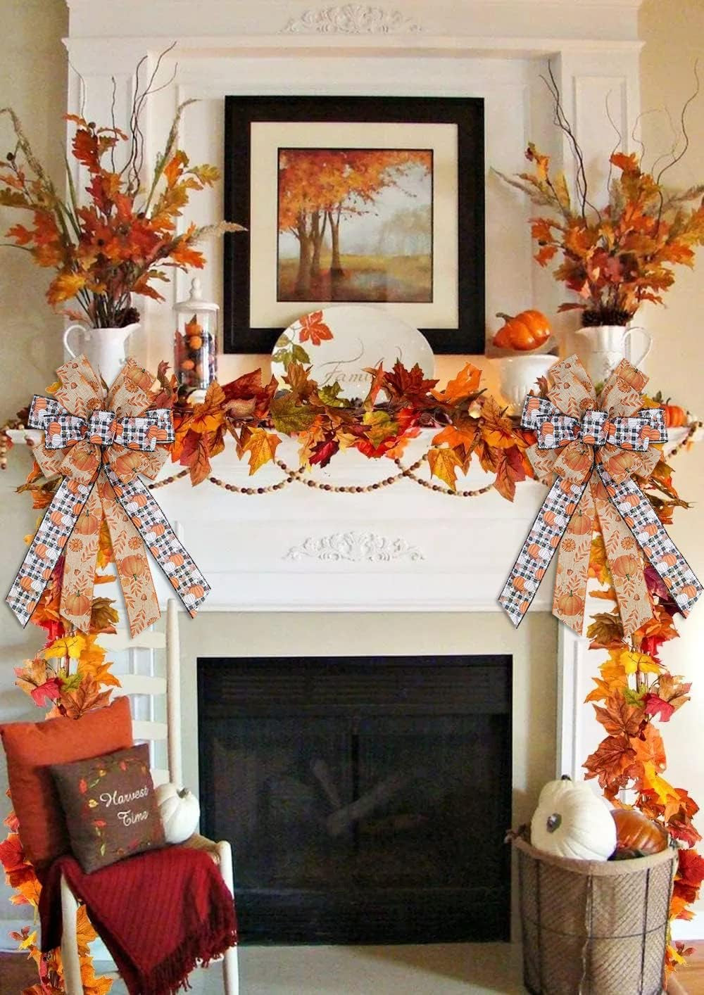 Charming Large White Black Buffalo Plaid Fall Pumpkin Bow - Ideal for Wreaths & Seasonal Decor for Thanksgiving Parties - Versatile Indoor/Outdoor Use