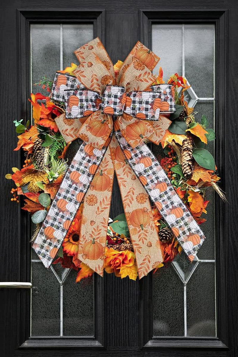 Charming Large White Black Buffalo Plaid Fall Pumpkin Bow - Ideal for Wreaths & Seasonal Decor for Thanksgiving Parties - Versatile Indoor/Outdoor Use
