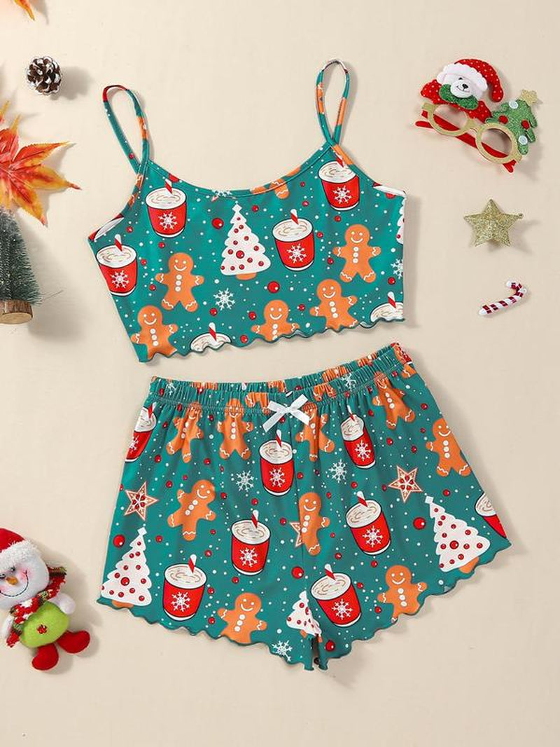 Two-Piece Set Women'S Christmas Cartoon Graphic Bow Pajamas Set, Comfort Scallop Trim Camisole & Elastic Waist Pants Loungewear Set for Fall, Christmas Pajamas, Comfort Homewear for Lady Birthday Gifts