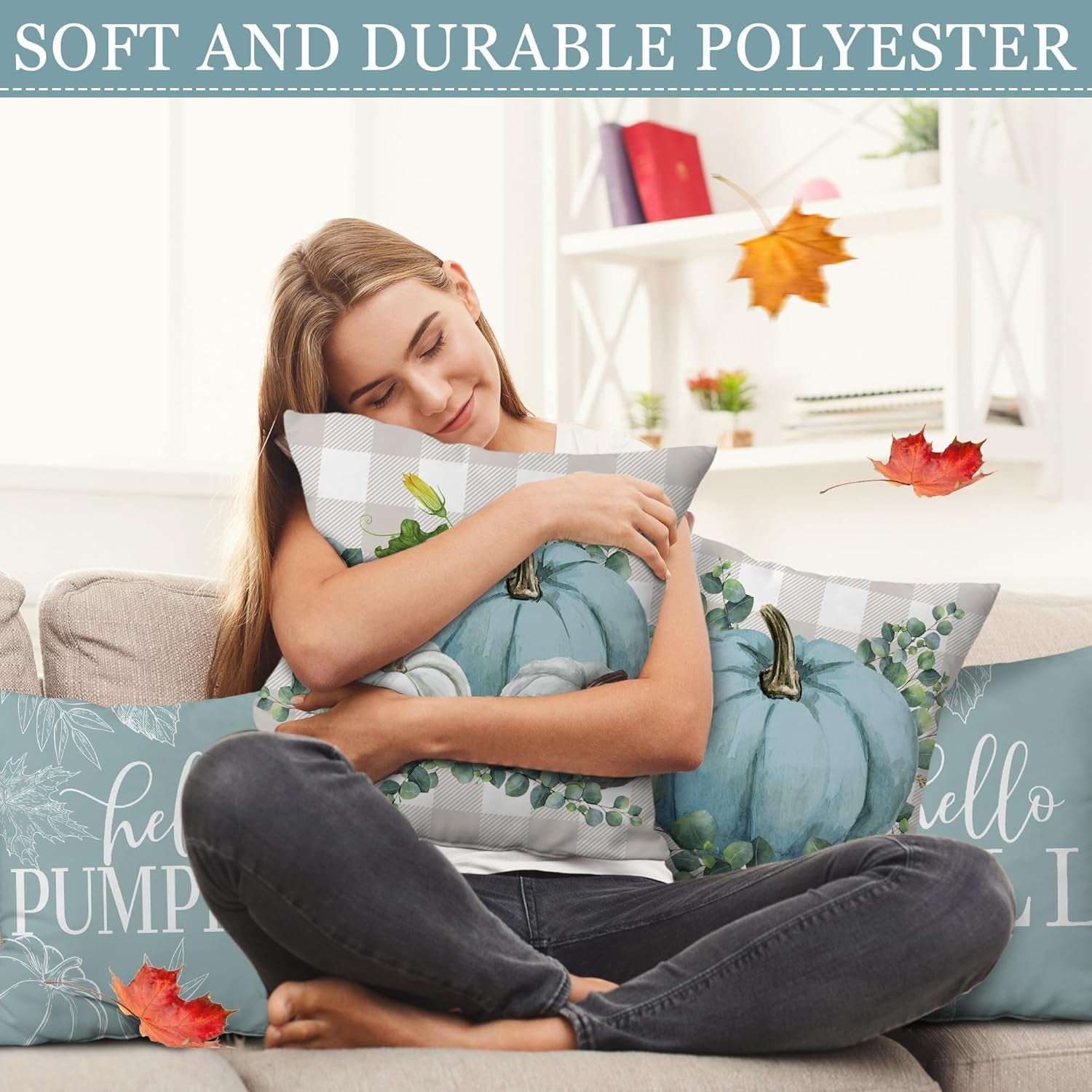 Cozy Autumn Vibes: Set of 4 Blue Pumpkin 18x18 Pillow Covers for Stylish Indoor & Outdoor Decor