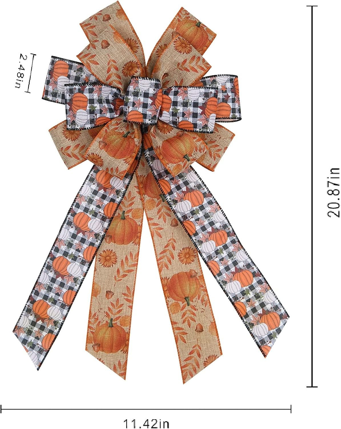 Charming Large White Black Buffalo Plaid Fall Pumpkin Bow - Ideal for Wreaths & Seasonal Decor for Thanksgiving Parties - Versatile Indoor/Outdoor Use
