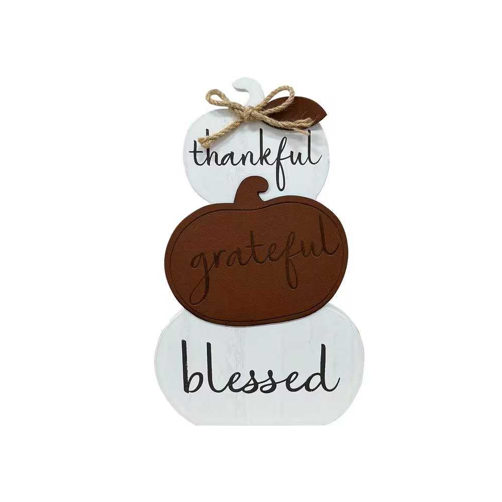Charming 9.5" White MDF Harvest Pumpkin - Thankful, Grateful, Blessed Tabletop Fall Decor