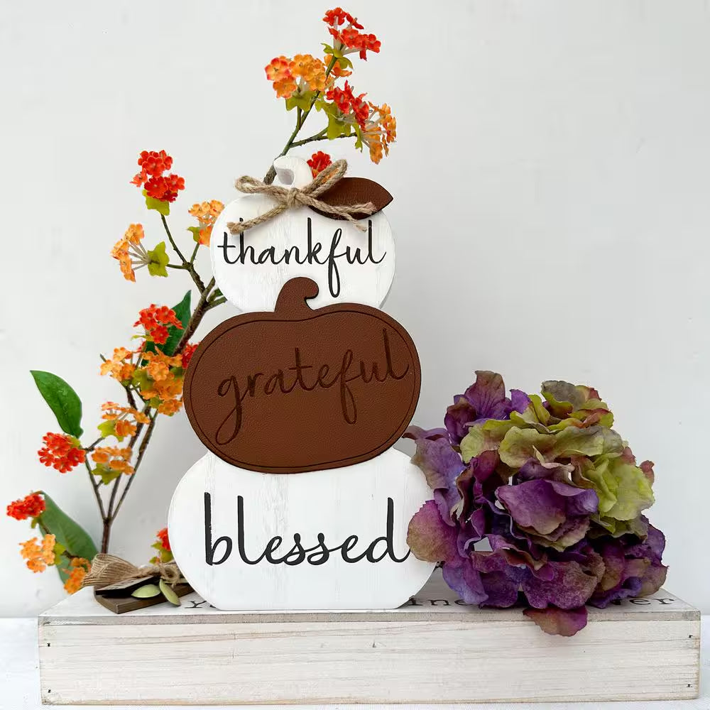 Charming 9.5" White MDF Harvest Pumpkin - Thankful, Grateful, Blessed Tabletop Fall Decor