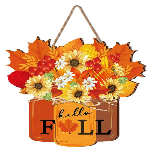 Autumn Elegance: Wooden Fall Wreath for Door, Thanksgiving & Halloween Decor with Maple Leaves & Sunflowers