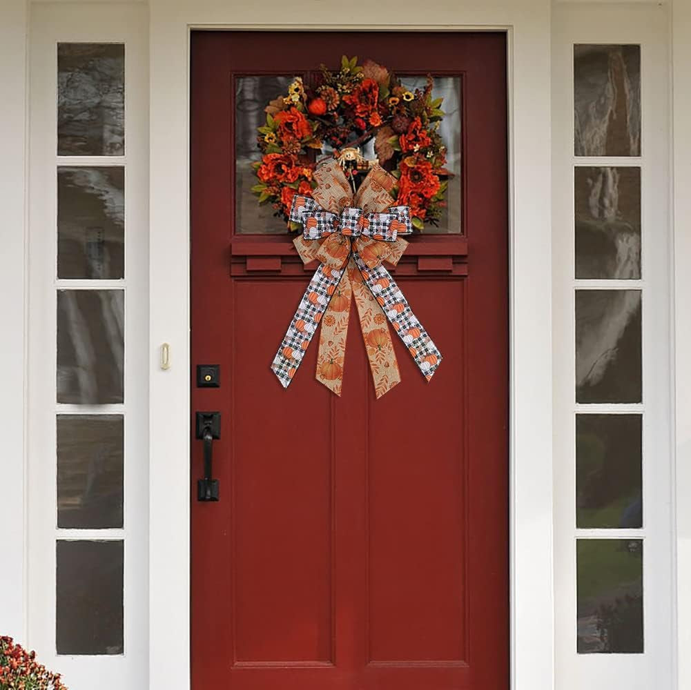 Charming Large White Black Buffalo Plaid Fall Pumpkin Bow - Ideal for Wreaths & Seasonal Decor for Thanksgiving Parties - Versatile Indoor/Outdoor Use