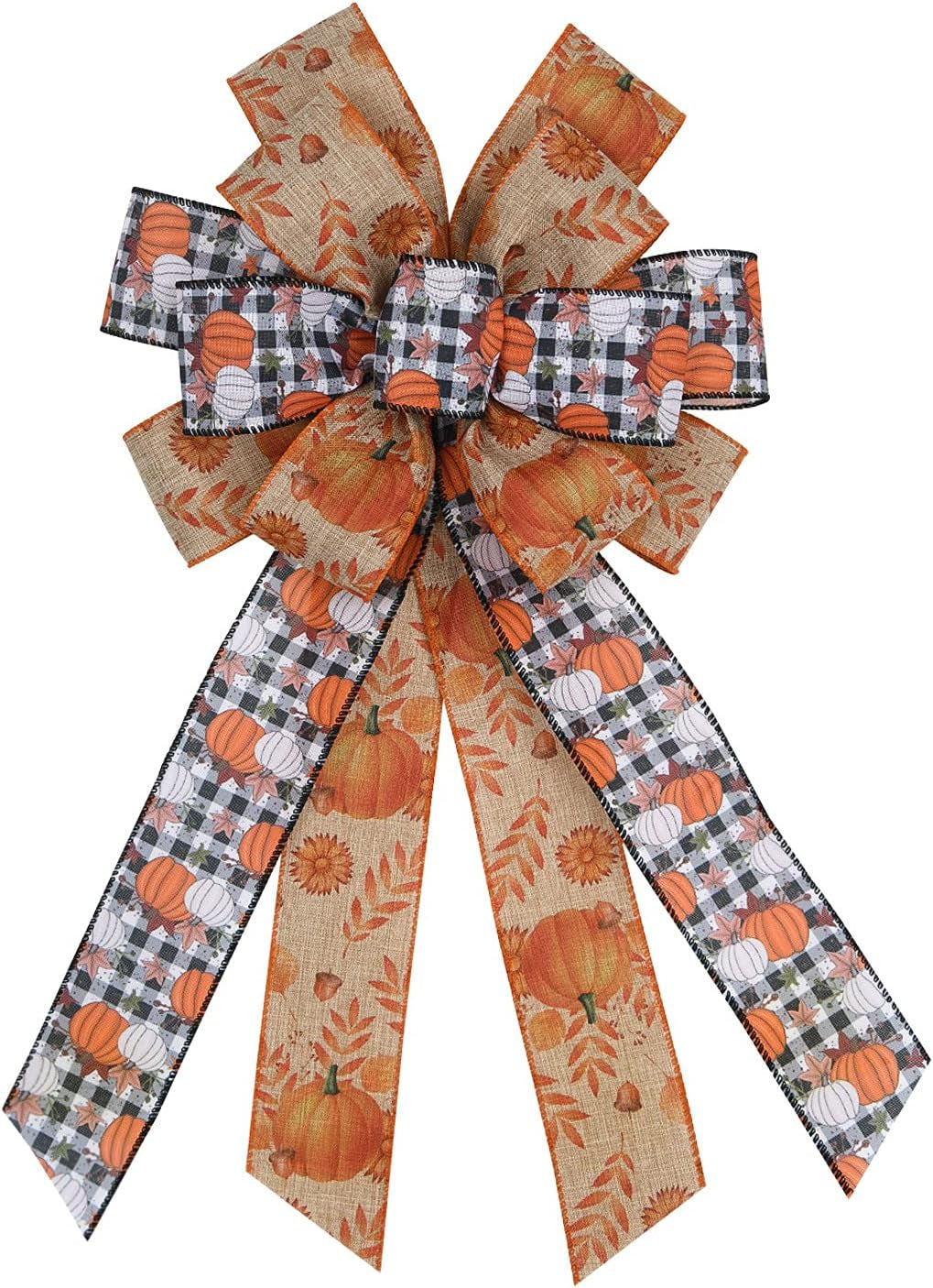 Charming Large White Black Buffalo Plaid Fall Pumpkin Bow - Ideal for Wreaths & Seasonal Decor for Thanksgiving Parties - Versatile Indoor/Outdoor Use