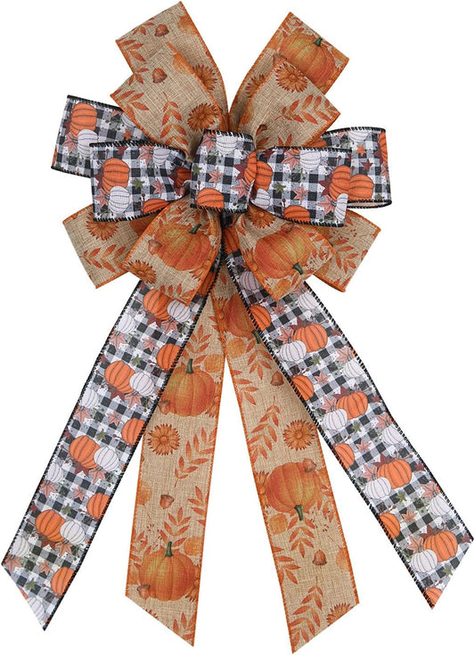 Charming Large White Black Buffalo Plaid Fall Pumpkin Bow - Ideal for Wreaths & Seasonal Decor for Thanksgiving Parties - Versatile Indoor/Outdoor Use