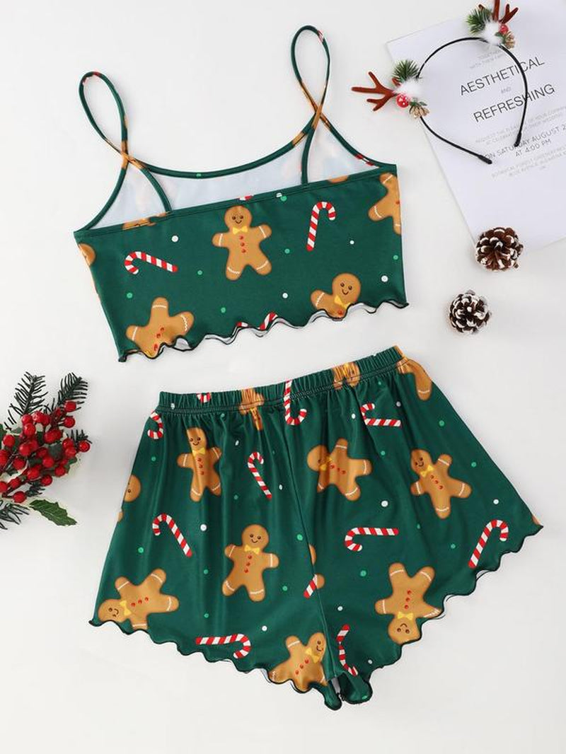 Two-Piece Set Women'S Christmas Cartoon Graphic Bow Pajamas Set, Comfort Scallop Trim Camisole & Elastic Waist Pants Loungewear Set for Fall, Christmas Pajamas, Comfort Homewear for Lady Birthday Gifts