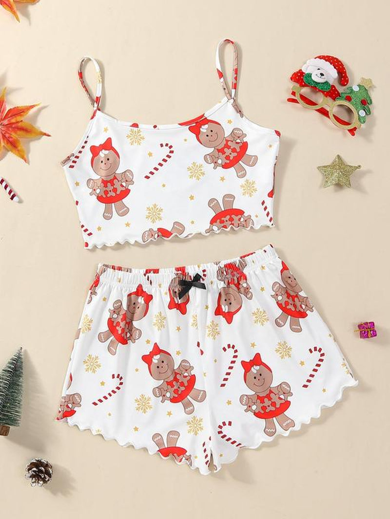 Two-Piece Set Women'S Christmas Cartoon Graphic Bow Pajamas Set, Comfort Scallop Trim Camisole & Elastic Waist Pants Loungewear Set for Fall, Christmas Pajamas, Comfort Homewear for Lady Birthday Gifts