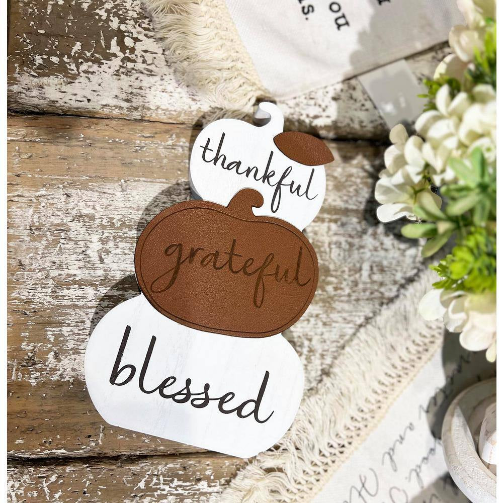 Charming 9.5" White MDF Harvest Pumpkin - Thankful, Grateful, Blessed Tabletop Fall Decor