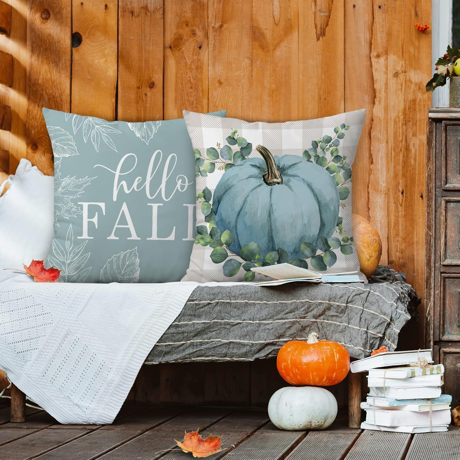Cozy Autumn Vibes: Set of 4 Blue Pumpkin 18x18 Pillow Covers for Stylish Indoor & Outdoor Decor