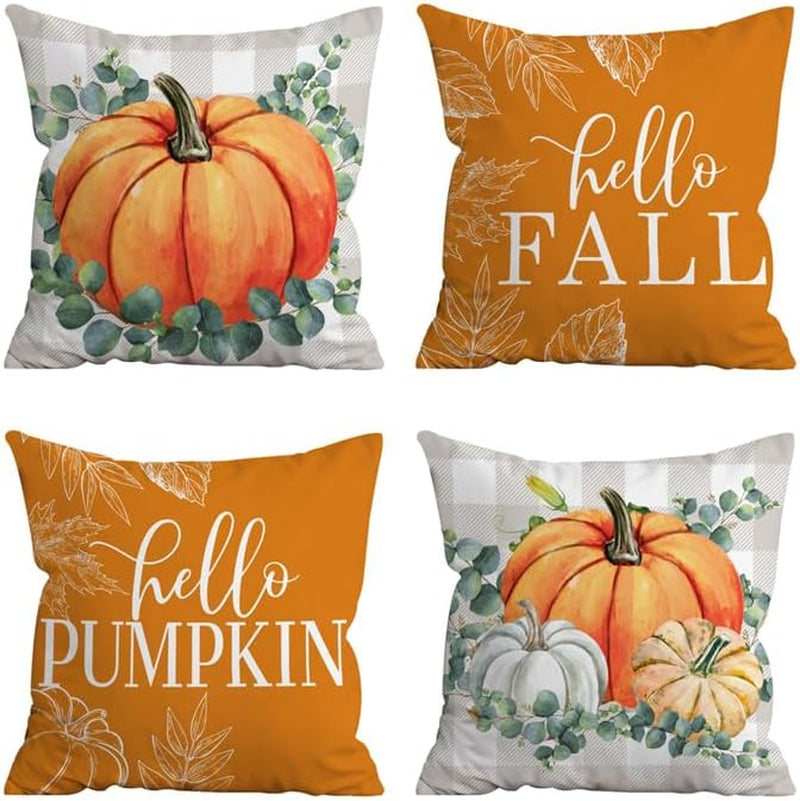 Cozy Autumn Vibes: Set of 4 Blue Pumpkin 18x18 Pillow Covers for Stylish Indoor & Outdoor Decor