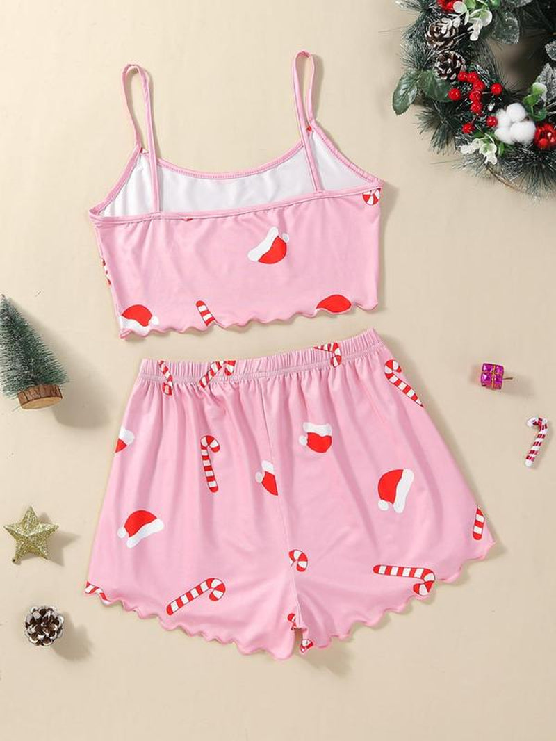 Two-Piece Set Women'S Christmas Cartoon Graphic Bow Pajamas Set, Comfort Scallop Trim Camisole & Elastic Waist Pants Loungewear Set for Fall, Christmas Pajamas, Comfort Homewear for Lady Birthday Gifts