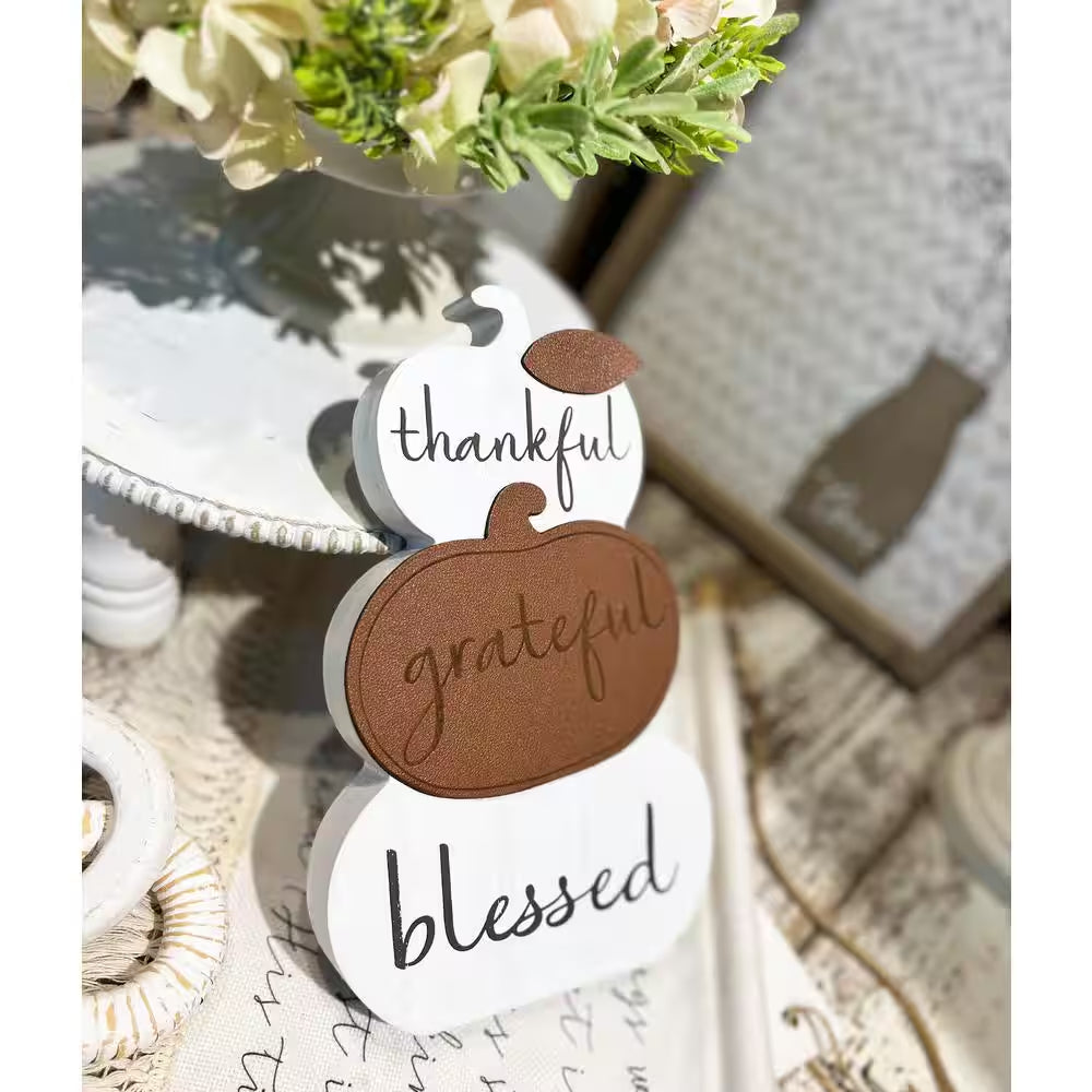 Charming 9.5" White MDF Harvest Pumpkin - Thankful, Grateful, Blessed Tabletop Fall Decor