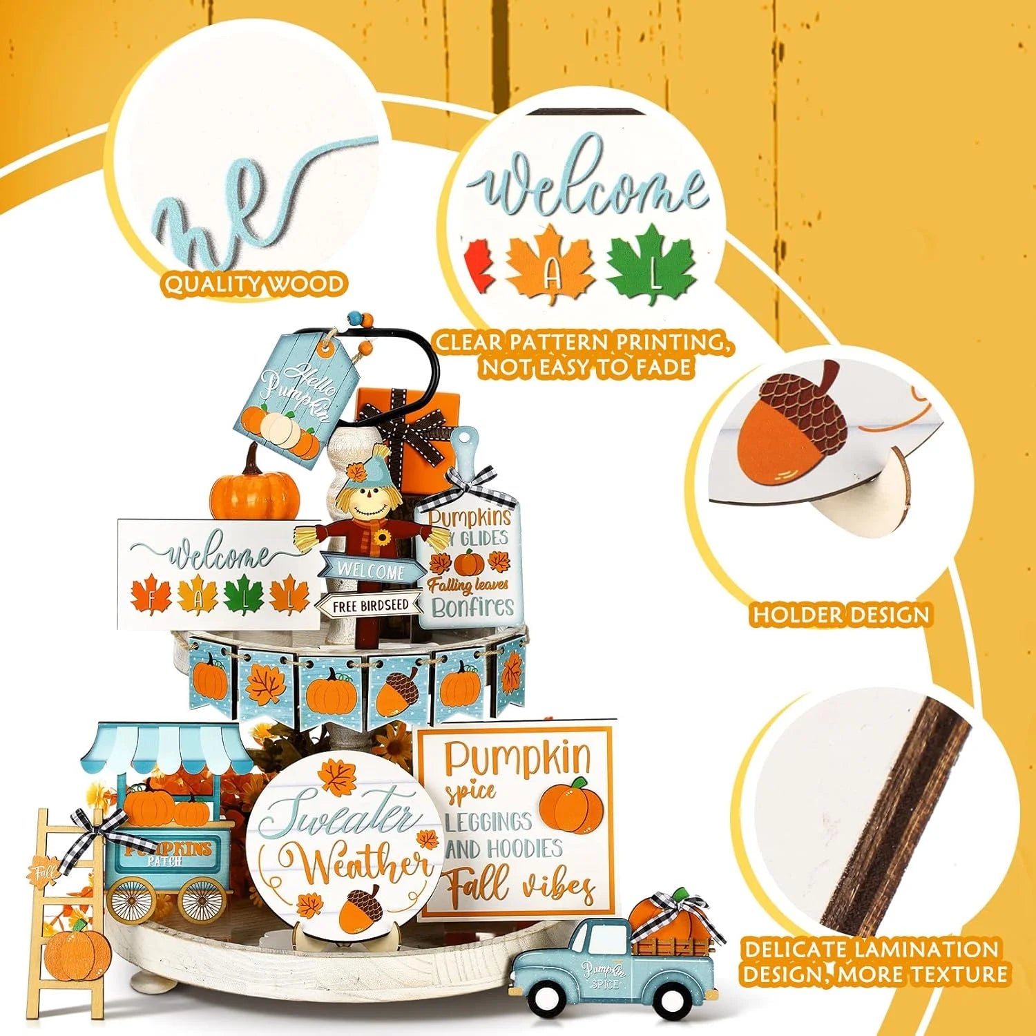 Charming Fall Tiered Tray Decor - Thanksgiving Pumpkin & Truck Wooden Table Decorations for Autumn Harvest Home Festivities
