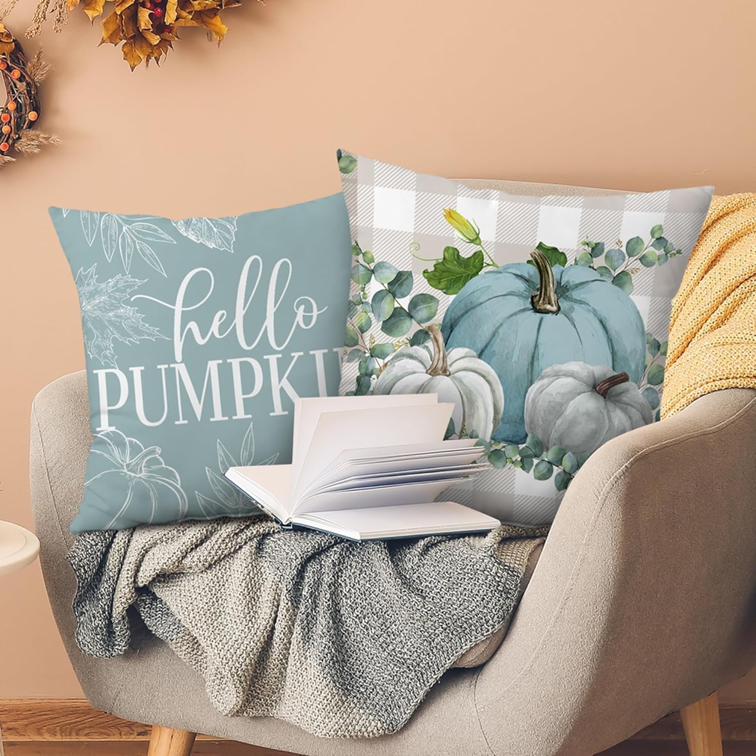 Cozy Autumn Vibes: Set of 4 Blue Pumpkin 18x18 Pillow Covers for Stylish Indoor & Outdoor Decor